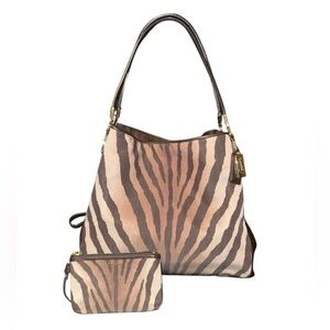 Coach Zebra Print Shoulder Bag Set - Brown and Tan